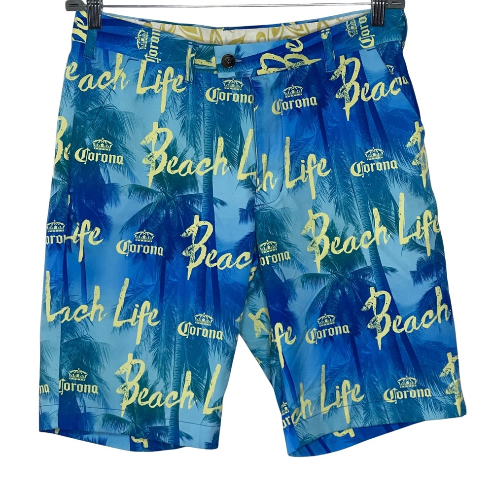Corona Mens‎ Beach Life Palm Tree Logo Board Shorts Blue Yellow Size 32